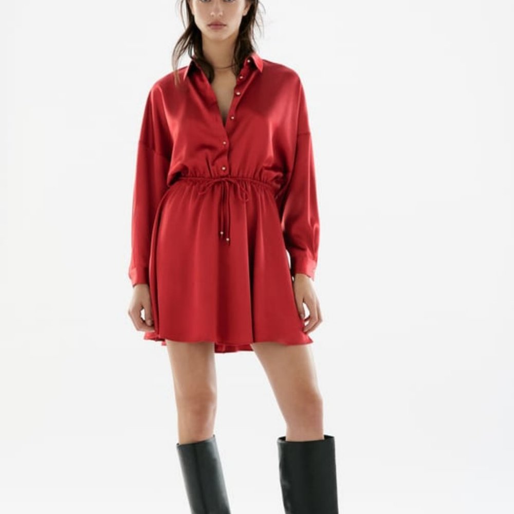NWOT ZARA RED SATIN SHIRT DRESS